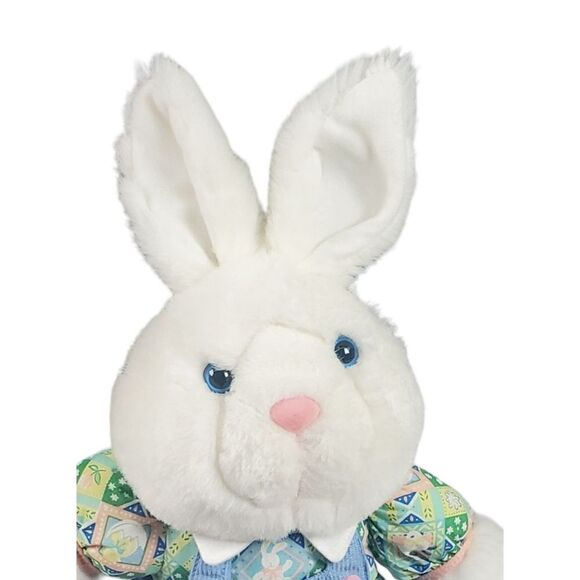 SKM Bunny Rabbit Plush Sitting White Furry Blue Overalls Spring Easter Vintage - Picture 6 of 11